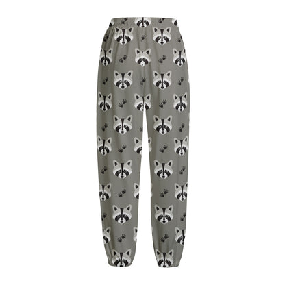 Grey Raccoon Pattern Print Fleece Lined Knit Pants