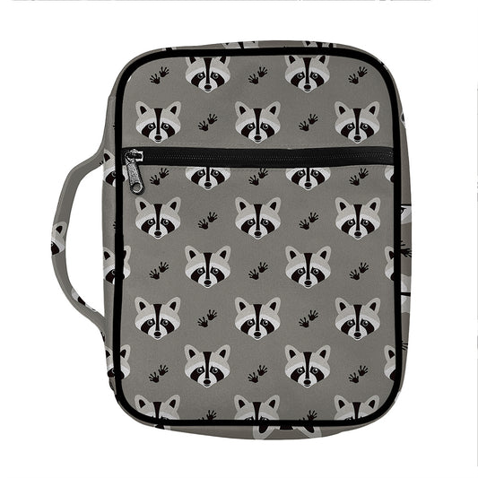 Grey Raccoon Pattern Print Front Pocket Bible Bag