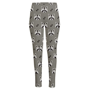 Grey Raccoon Pattern Print High-Waisted Pocket Leggings