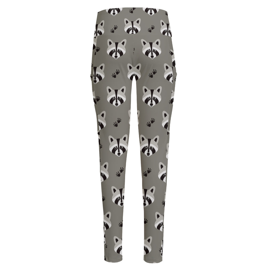 Grey Raccoon Pattern Print High-Waisted Pocket Leggings