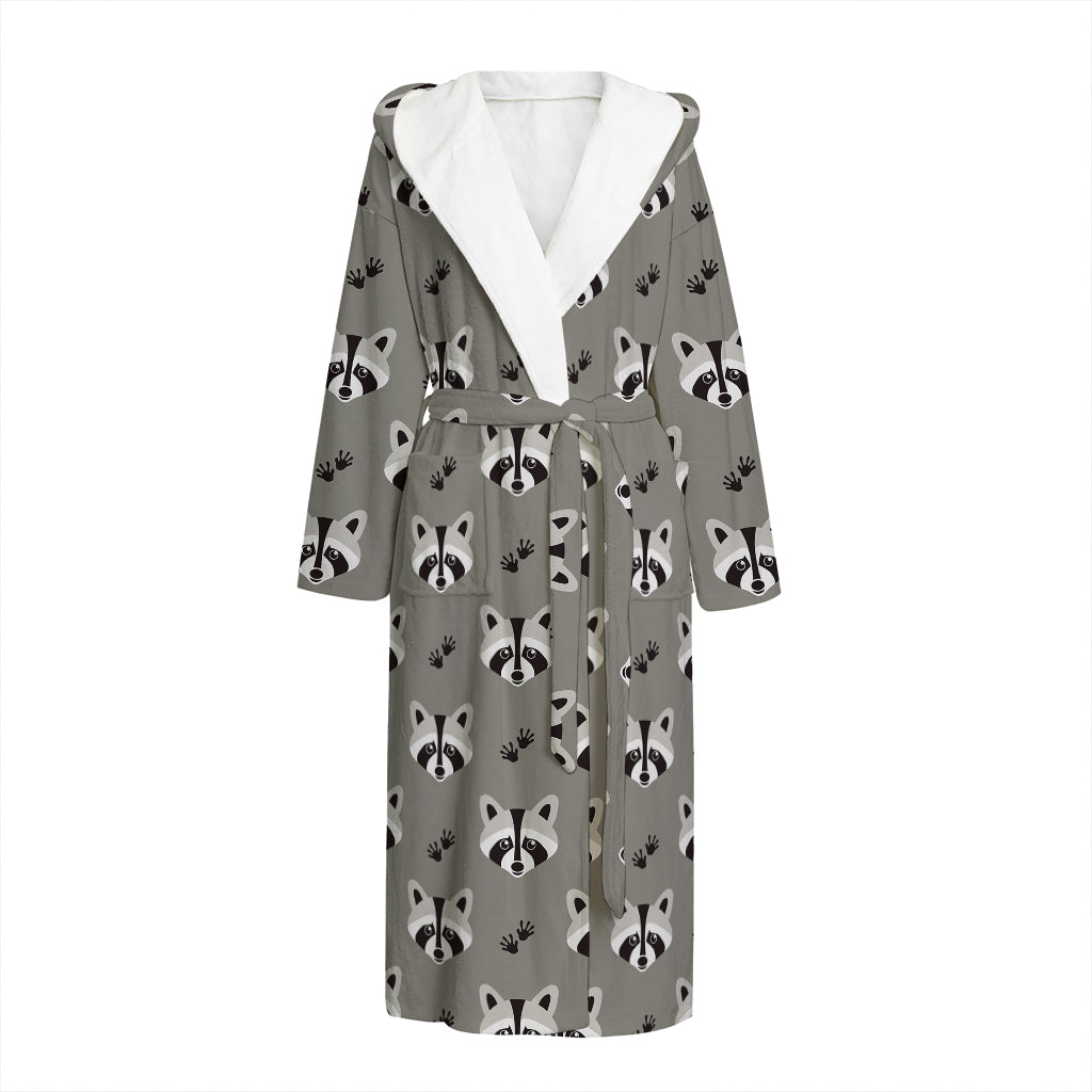 Grey Raccoon Pattern Print Hooded Bathrobe