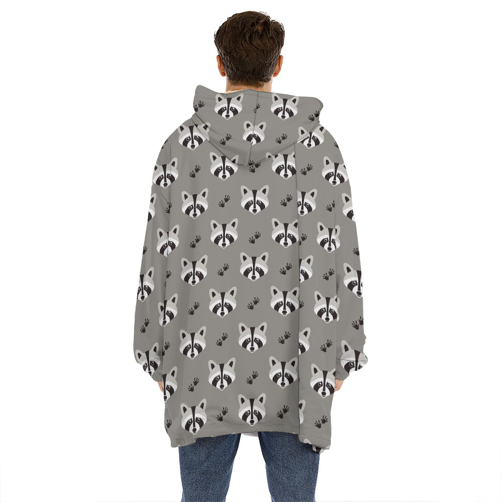 Grey Raccoon Pattern Print Hoodie Blanket