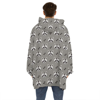 Grey Raccoon Pattern Print Hoodie Blanket