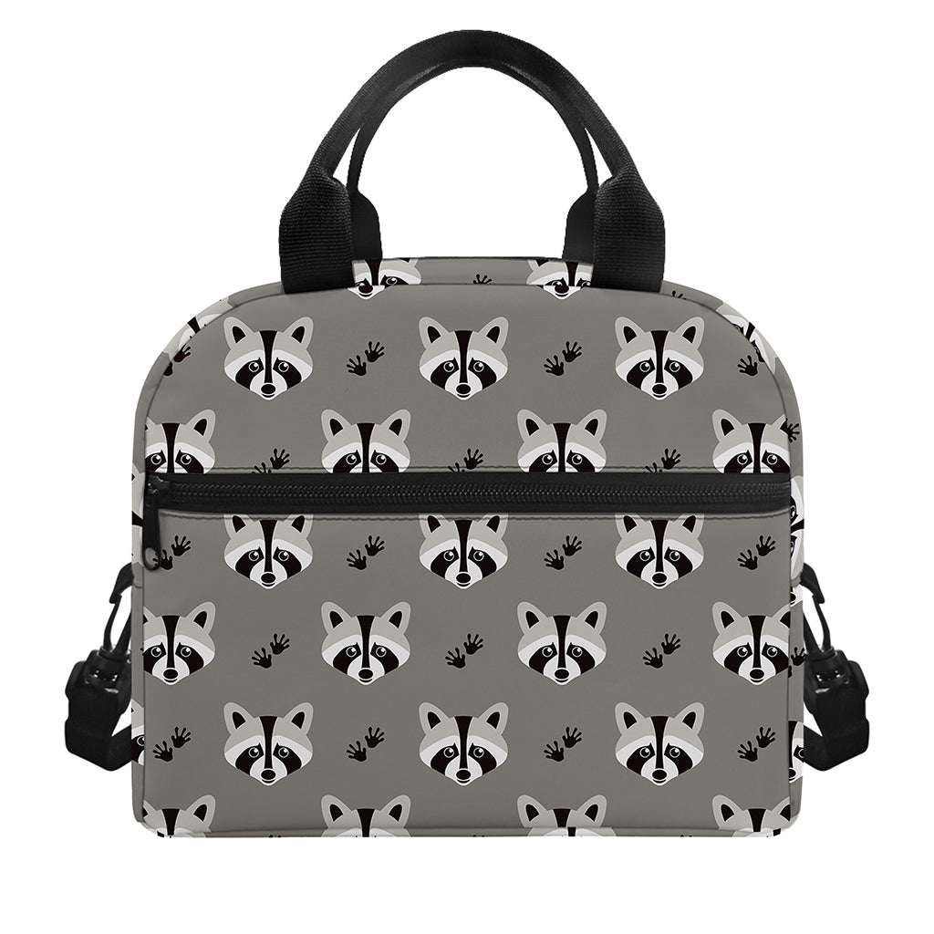 Grey Raccoon Pattern Print Insulated Lunch Bag