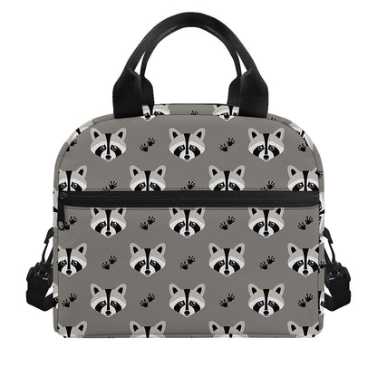 Grey Raccoon Pattern Print Insulated Lunch Bag