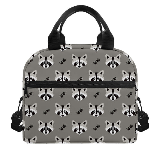 Grey Raccoon Pattern Print Insulated Lunch Bag