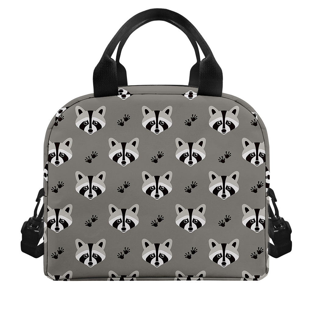 Grey Raccoon Pattern Print Insulated Lunch Bag