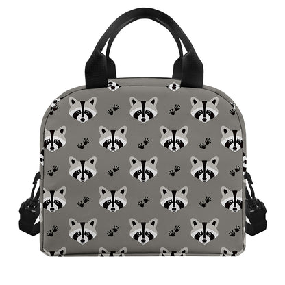 Grey Raccoon Pattern Print Insulated Lunch Bag