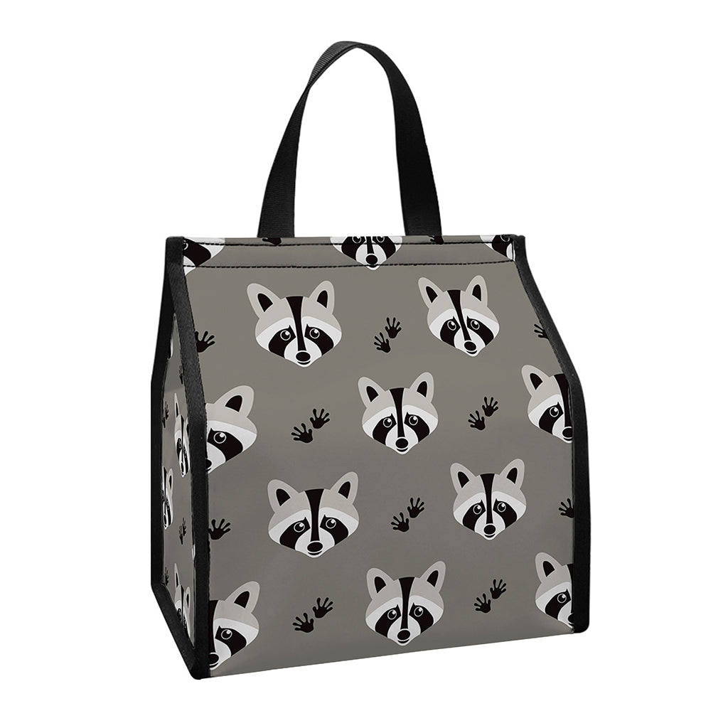 Grey Raccoon Pattern Print Insulated Lunch Tote