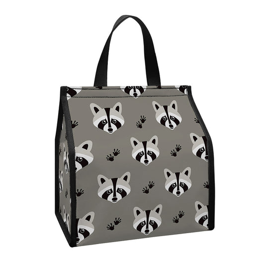 Grey Raccoon Pattern Print Insulated Lunch Tote