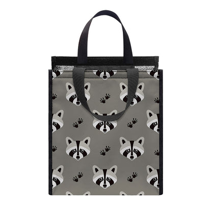 Grey Raccoon Pattern Print Insulated Lunch Tote