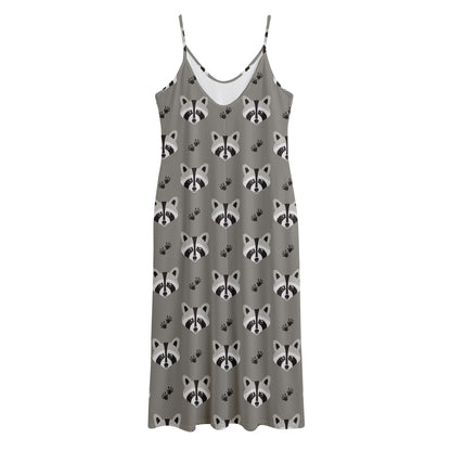 Grey Raccoon Pattern Print Jersey Midi Cami Dress