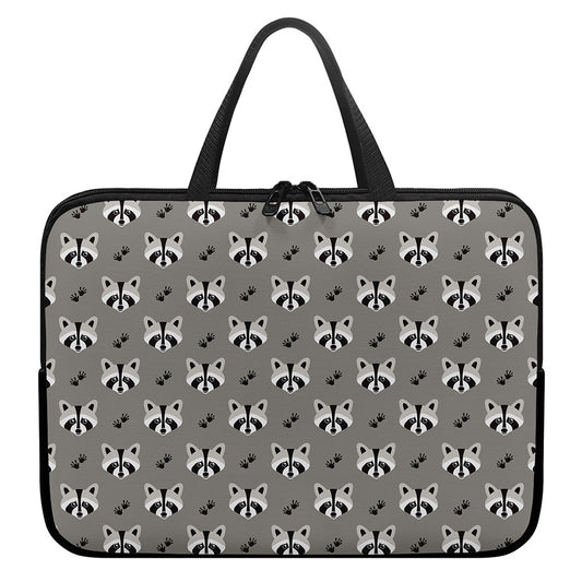 Grey Raccoon Pattern Print Laptop Sleeve With Handle