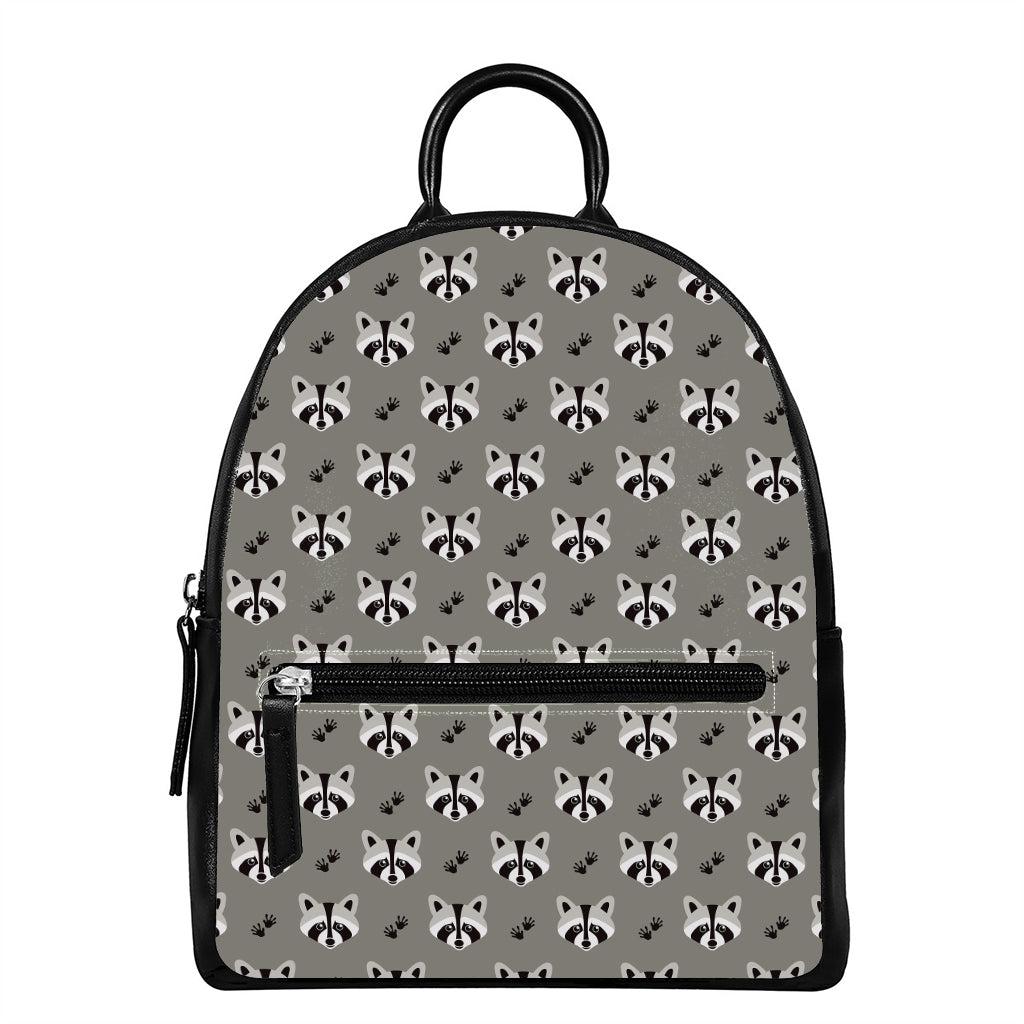 Grey Raccoon Pattern Print Leather Backpack
