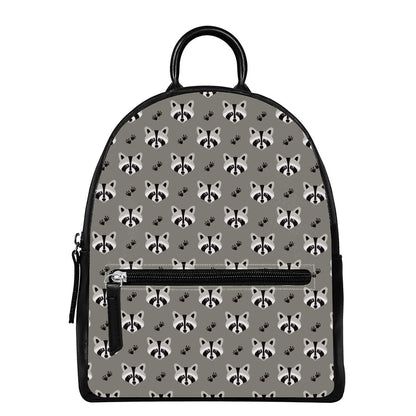 Grey Raccoon Pattern Print Leather Backpack