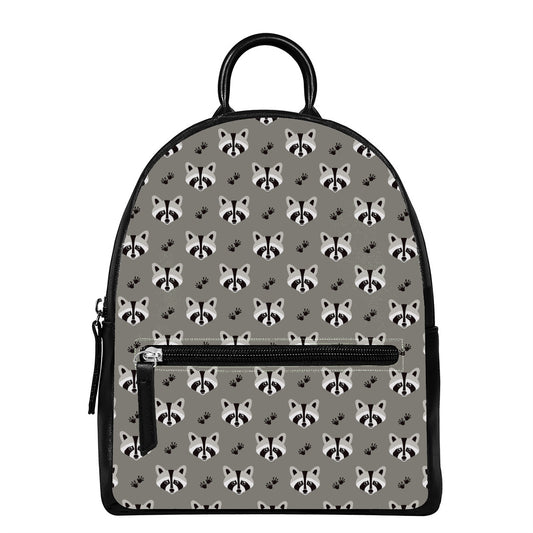 Grey Raccoon Pattern Print Leather Backpack