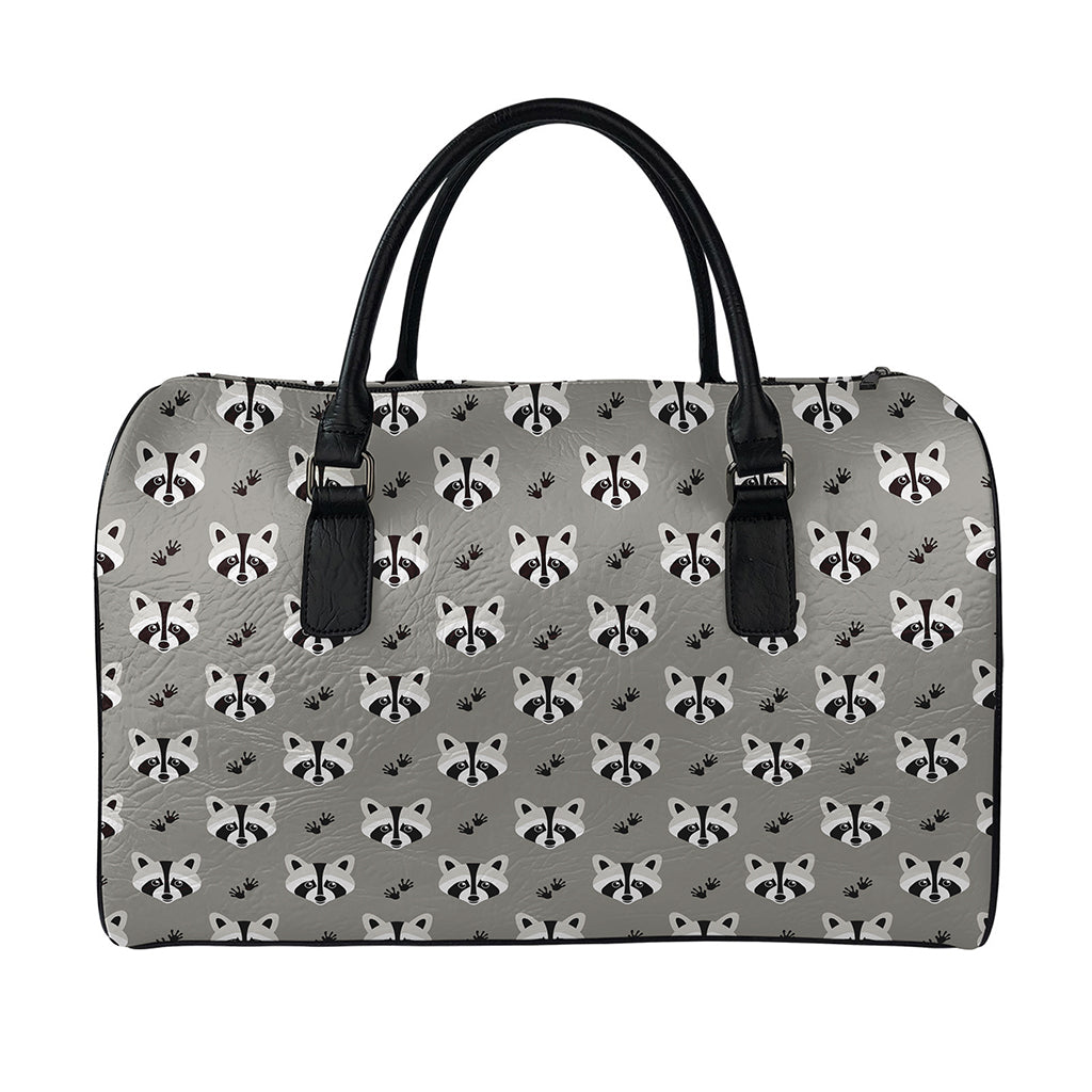 Grey Raccoon Pattern Print Leather Duffle Bag