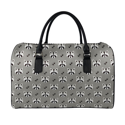 Grey Raccoon Pattern Print Leather Duffle Bag