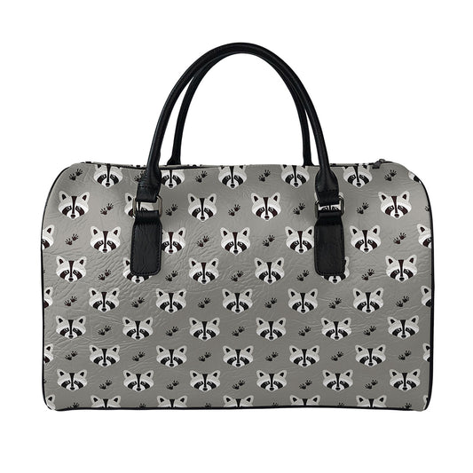 Grey Raccoon Pattern Print Leather Duffle Bag