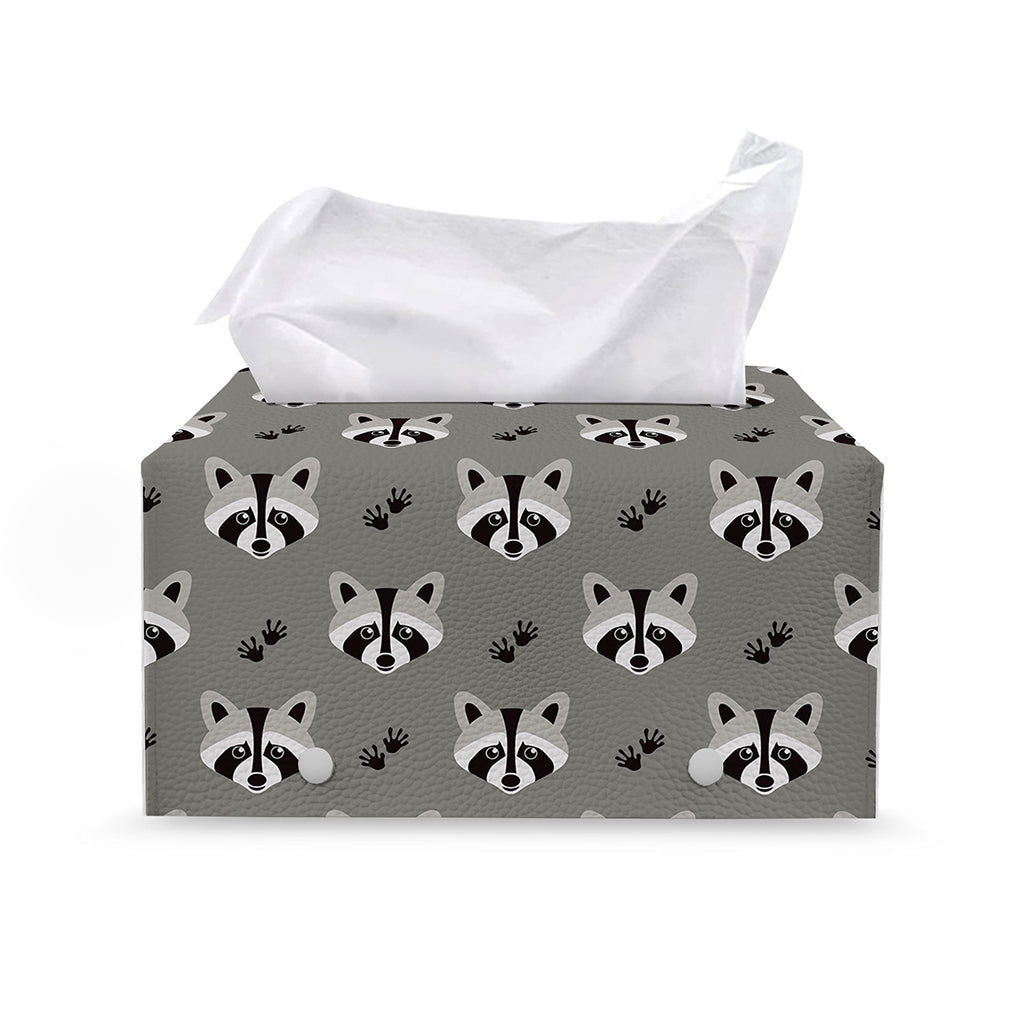 Grey Raccoon Pattern Print Leather Tissue Box Cover
