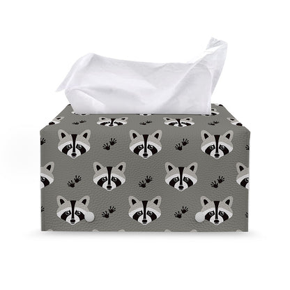 Grey Raccoon Pattern Print Leather Tissue Box Cover