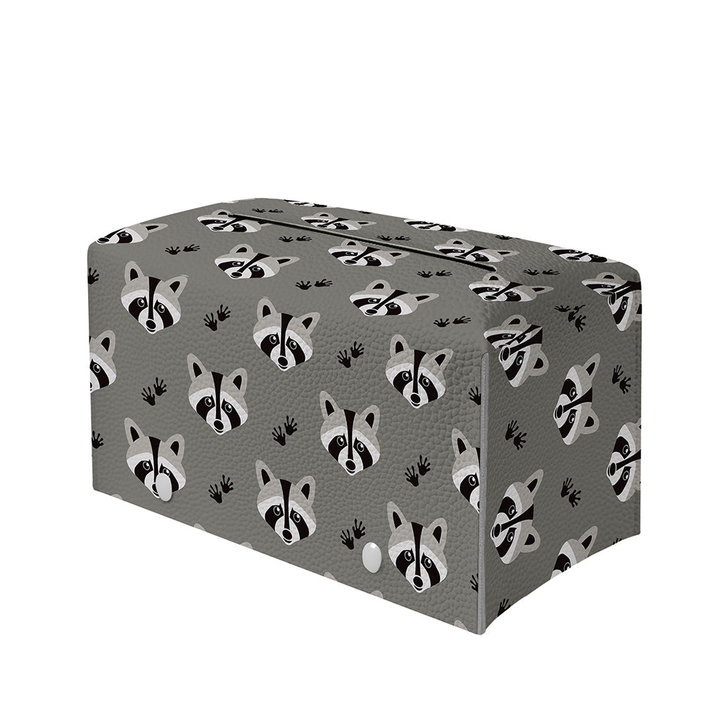 Grey Raccoon Pattern Print Leather Tissue Box Cover