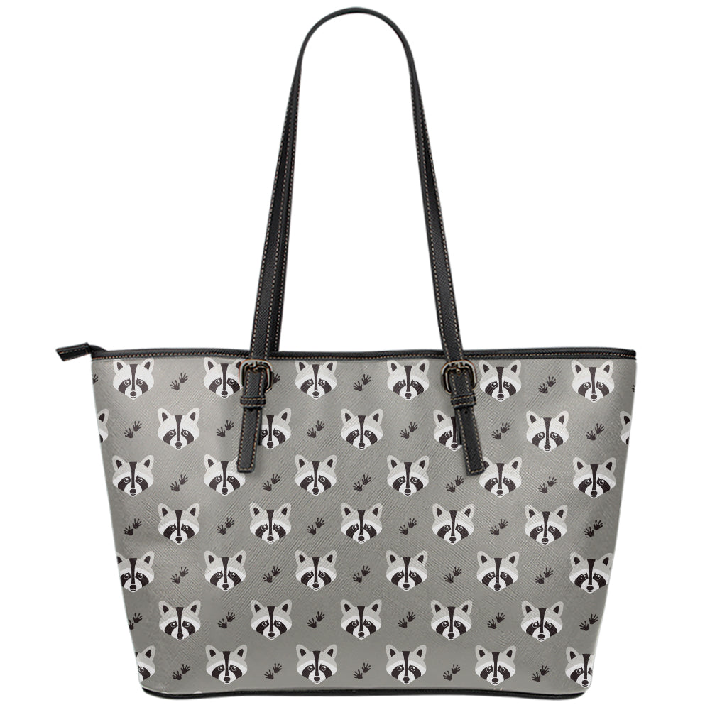 Grey Raccoon Pattern Print Leather Tote Bag