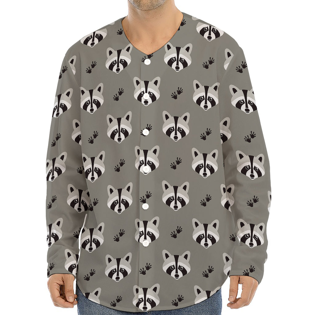 Grey Raccoon Pattern Print Long Sleeve Baseball Jersey