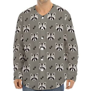 Grey Raccoon Pattern Print Long Sleeve Baseball Jersey