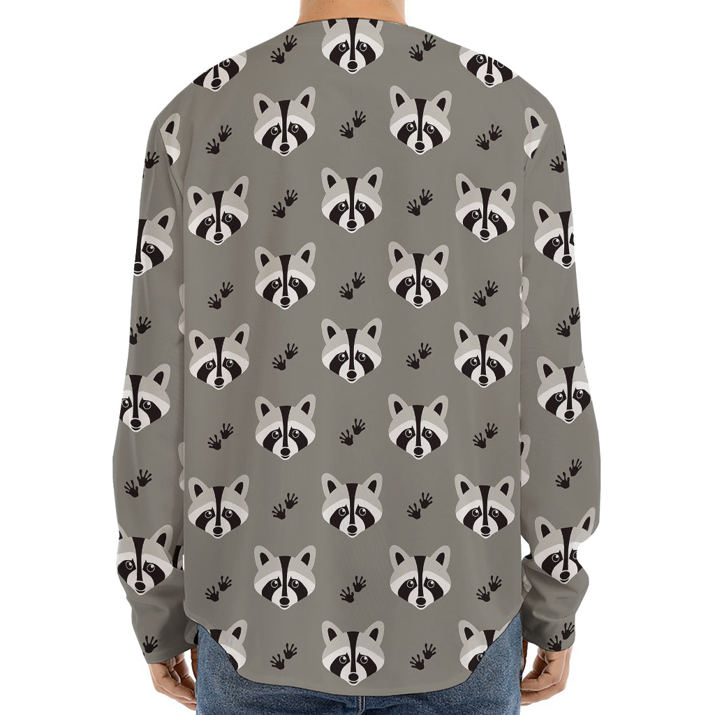 Grey Raccoon Pattern Print Long Sleeve Baseball Jersey