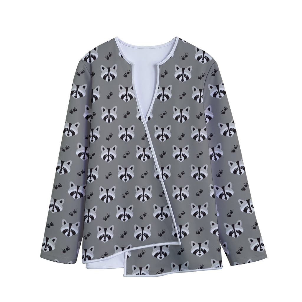 Grey Raccoon Pattern Print Long Sleeve Short Coat