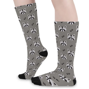 Grey Raccoon Pattern Print Long Socks