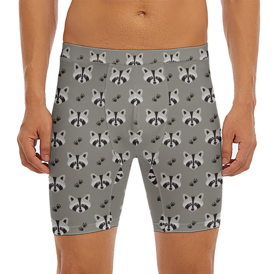 Grey Raccoon Pattern Print Men's Long Boxer Briefs