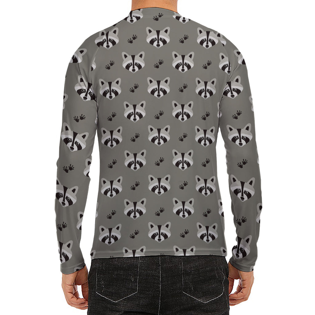 Grey Raccoon Pattern Print Men's Long Sleeve Rash Guard