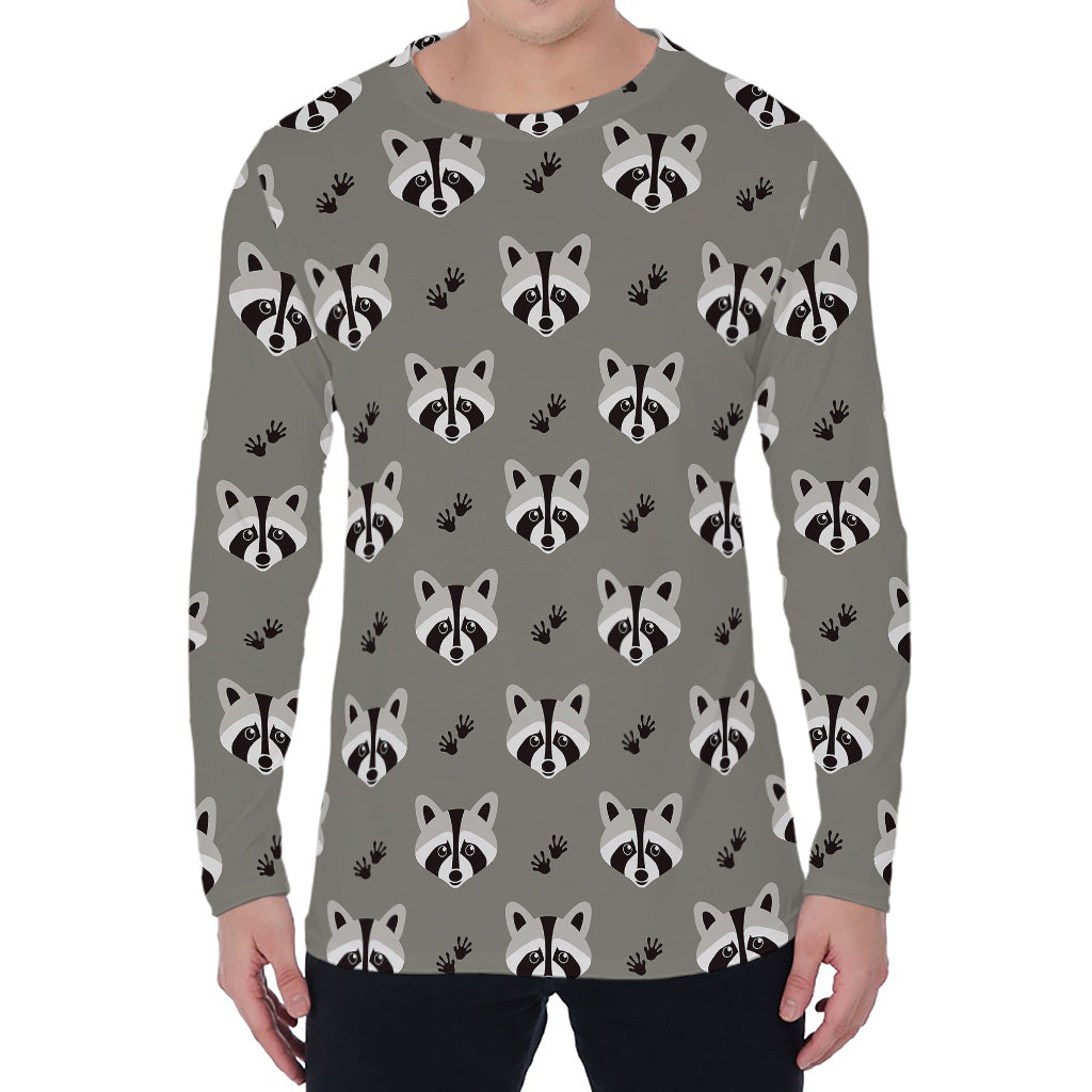 Grey Raccoon Pattern Print Men's Long Sleeve T-Shirt