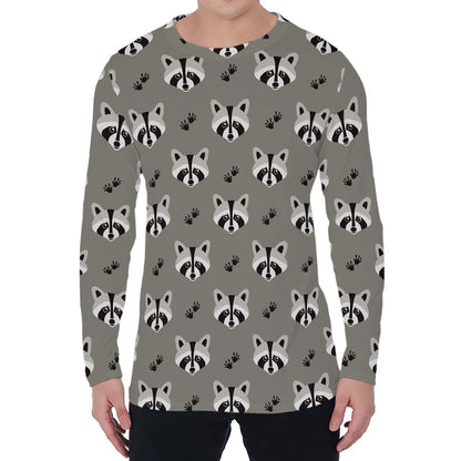 Grey Raccoon Pattern Print Men's Long Sleeve T-Shirt