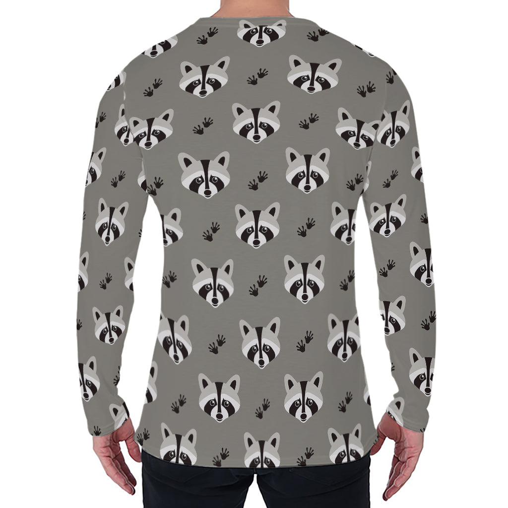 Grey Raccoon Pattern Print Men's Long Sleeve T-Shirt
