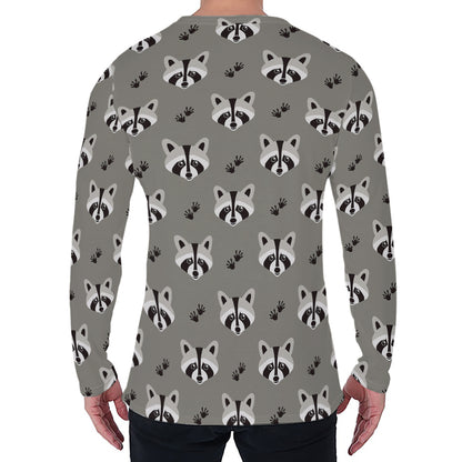 Grey Raccoon Pattern Print Men's Long Sleeve T-Shirt