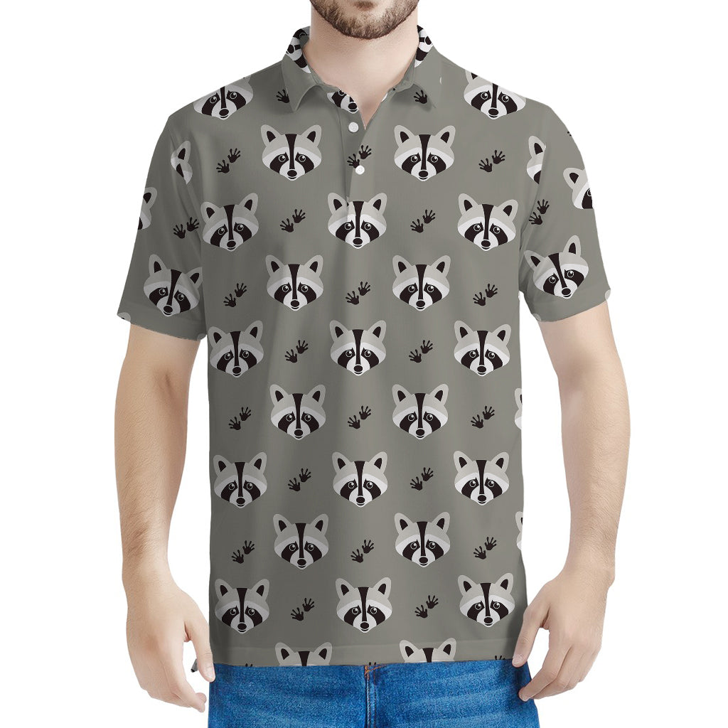 Grey Raccoon Pattern Print Men's Polo Shirt