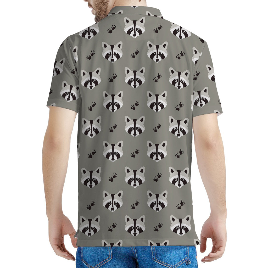 Grey Raccoon Pattern Print Men's Polo Shirt