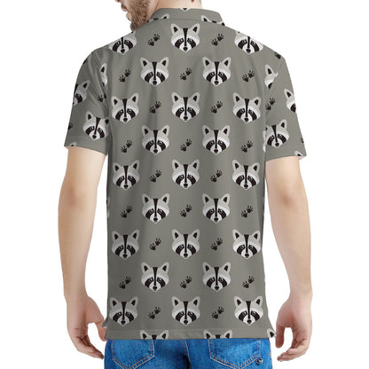 Grey Raccoon Pattern Print Men's Polo Shirt
