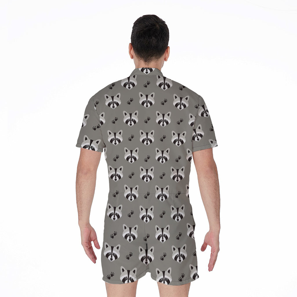 Grey Raccoon Pattern Print Men's Rompers