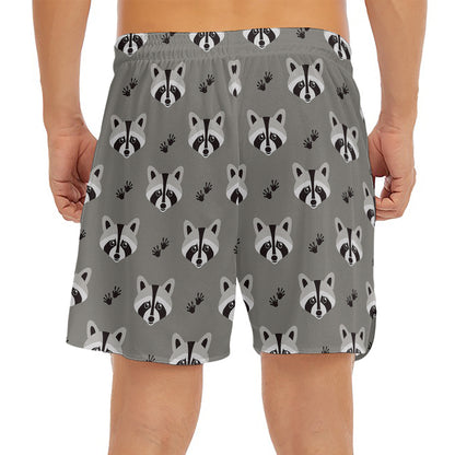 Grey Raccoon Pattern Print Men's Split Running Shorts