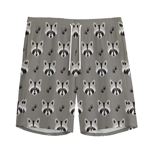 Grey Raccoon Pattern Print Men's Sports Shorts