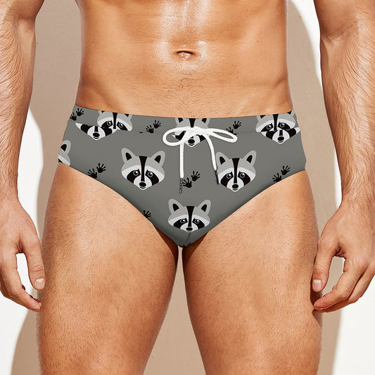 Grey Raccoon Pattern Print Men's Swim Briefs