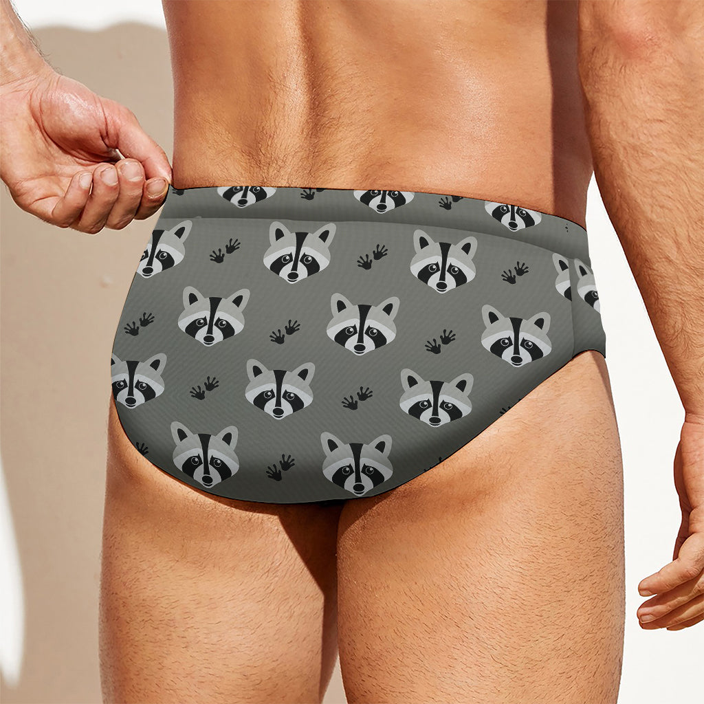 Grey Raccoon Pattern Print Men's Swim Briefs