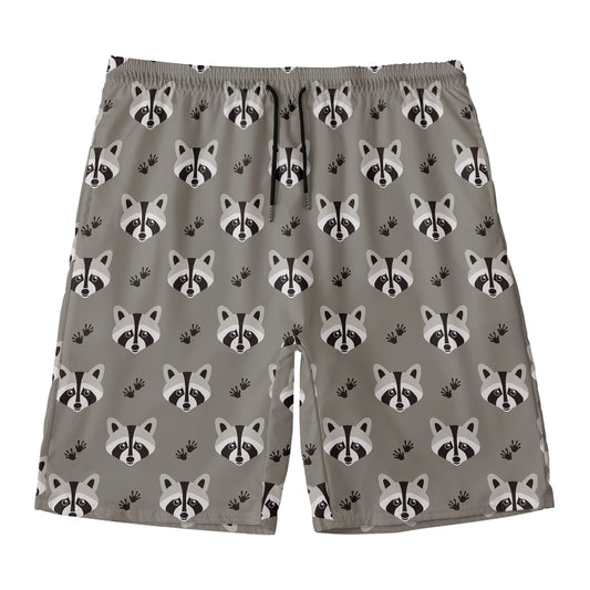 Grey Raccoon Pattern Print Men's Swim Trunks