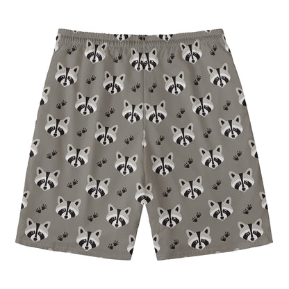 Grey Raccoon Pattern Print Men's Swim Trunks