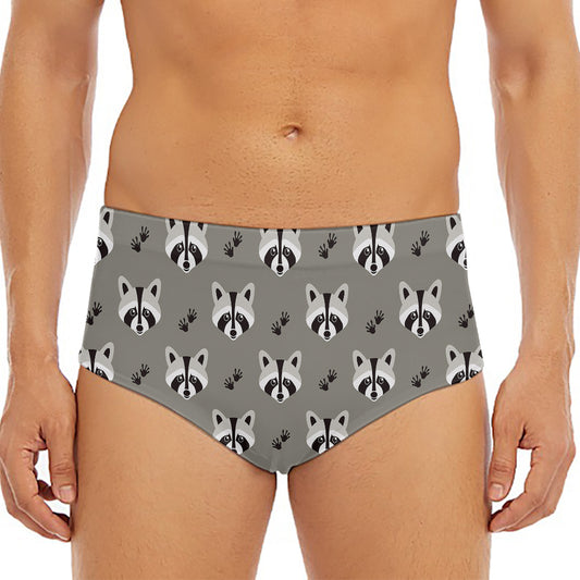 Grey Raccoon Pattern Print Men's Triangle Swim Briefs