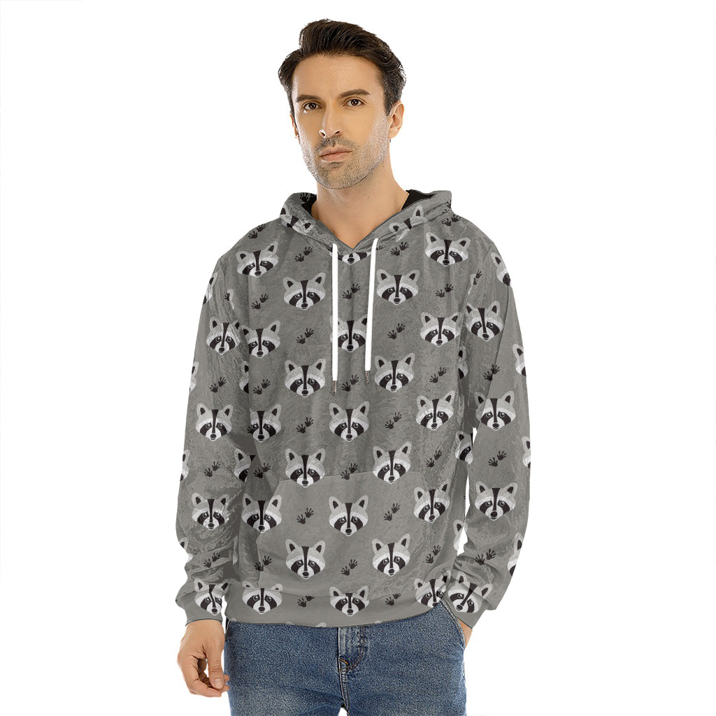 Grey Raccoon Pattern Print Men's Velvet Pullover Hoodie